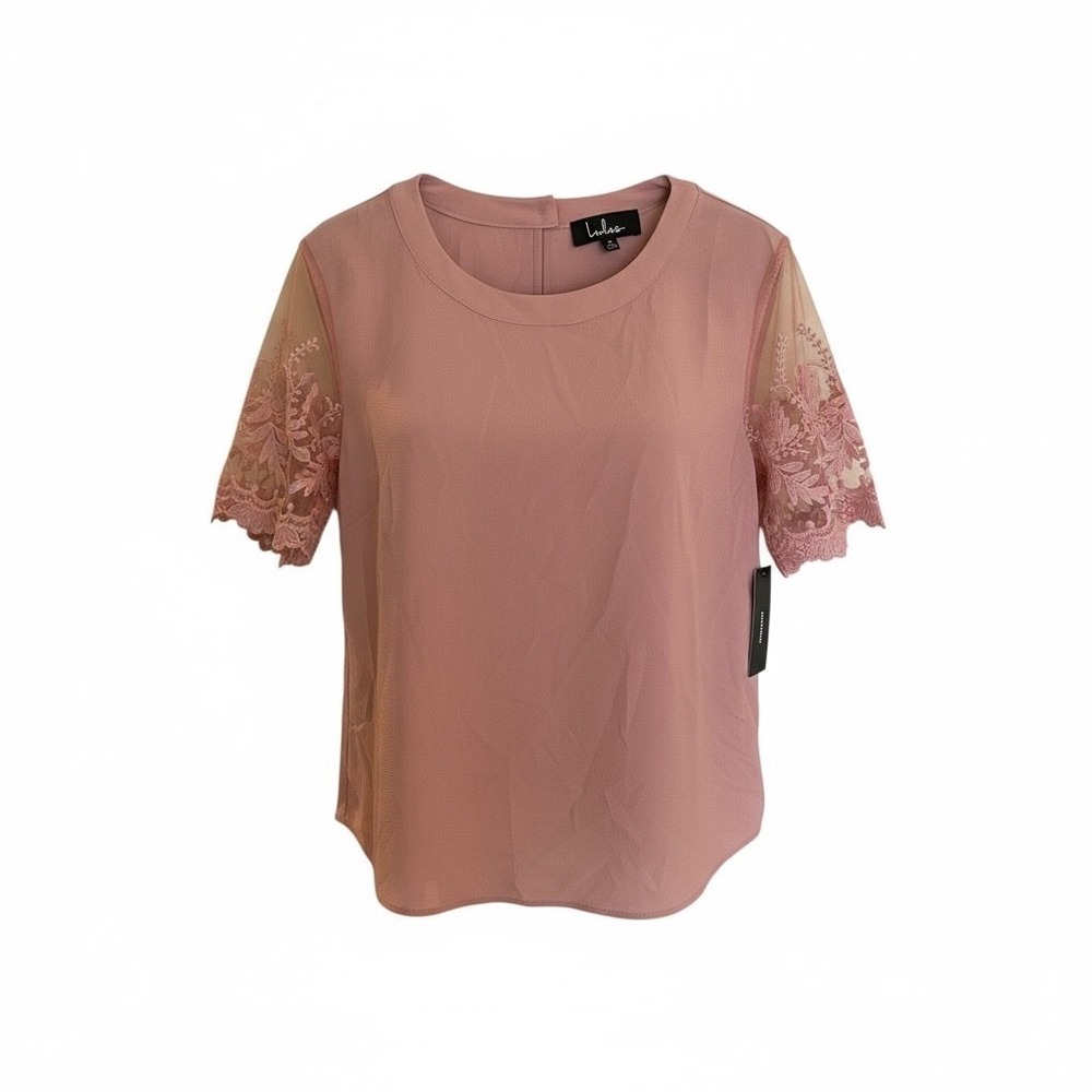 Lulus Mauve Pink Lace Mesh Short Sleeve Blouse M2517LU Women's Medium NEW NWT